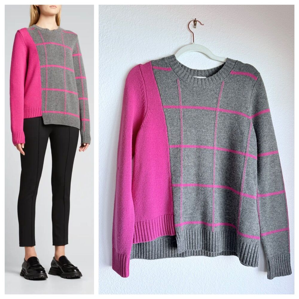 MILLY Intarsia Windowpane Sweater in Grey & Hot Pink Wool Cashmere Blend Size S